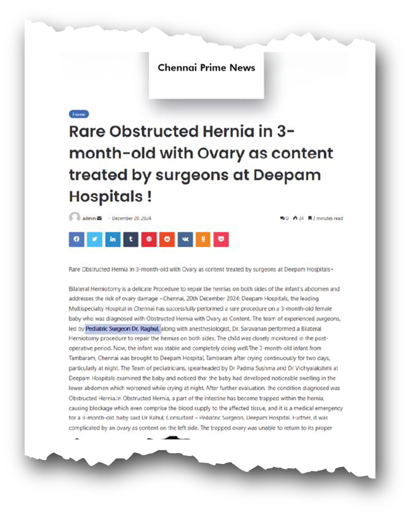 Dr. Raghul Maniam in Chennai Prime News: Emergency pediatric surgery preserving ovaries in trapped infant hernia at Deepam Hospitals